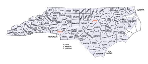 Landkarte North Carolina Karte Bezirkecounties