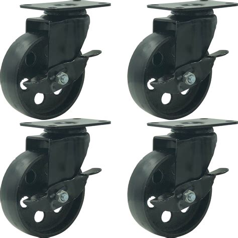 4 All Black Metal Swivel Plate Caster Wheels W Brake Lock Heavy Duty