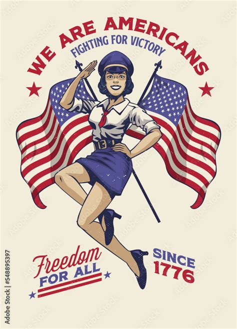 Vintage T Shirt Design Of Military Pin Up Girl With American Flag As