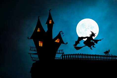4k 5k 6k Castles Witch Halloween Silhouette Moon Hd Wallpaper