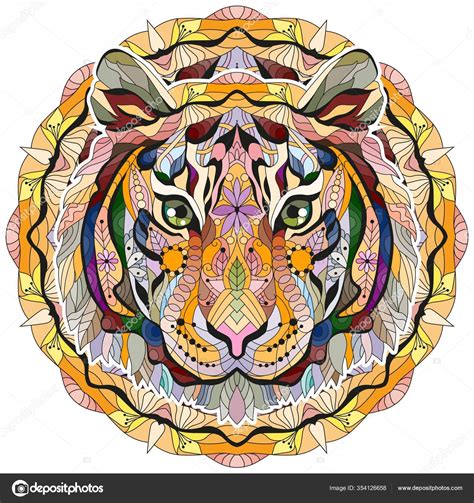 Zentangle Tiger Head With Mandala Hand Drawn Decorative Vector