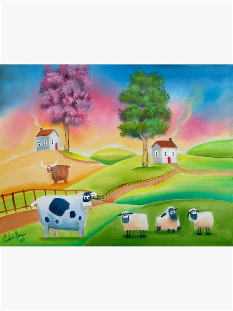 Cow Sheep Naive Folk Art Landscape Painting Gordon Bruce Poster By