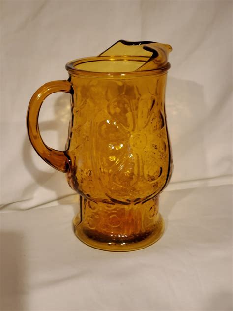 Libbey Glass Pitcher Country Garden Amber Embossed Glass 64 Oz 9 1 8