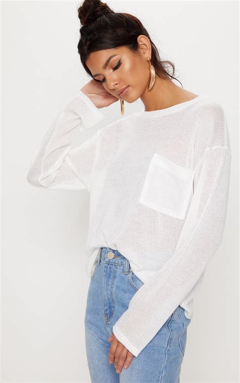 White Lightweight Knit Long Sleeve Top Tops Prettylittlething