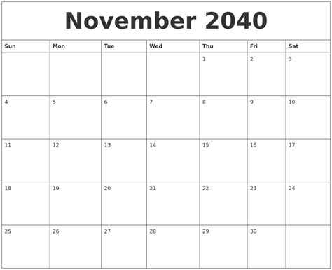 November 2040 Printable Daily Calendar