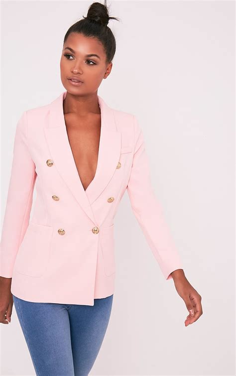 Pari Pink Double Breasted Military Style Blazer Coats And Jackets