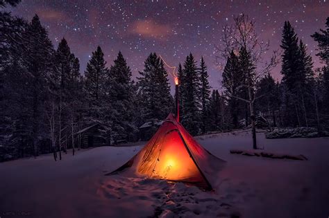 4577912 Tent Trees Winter Sky Snow Forest