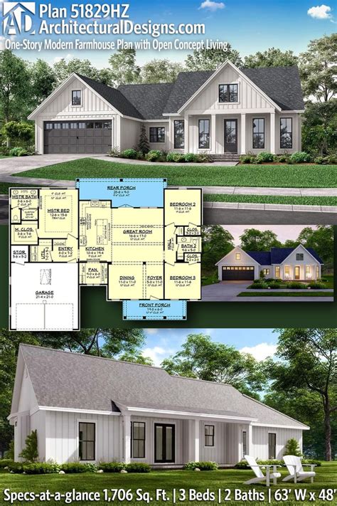 Plan Hz One Story Modern Farmhouse Plan With Open Concept Living