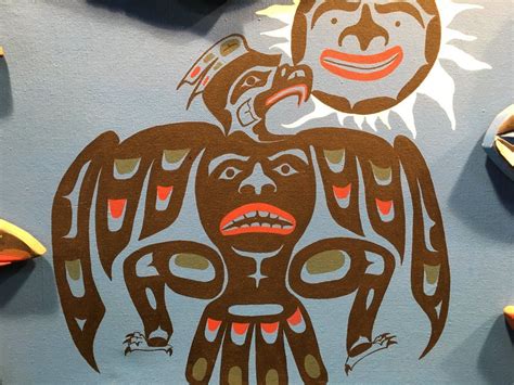 Bc First Nations Painting Framed With 11 Carved Figures Painting Features A Thunderbird And Sun