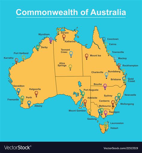 Map Australia With Major Towns And Cities Vector Image