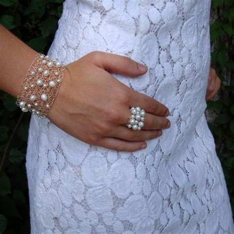 Wedding Cuff Bridal Bracelet White Pearl Jewelry Wide Mesh