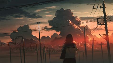 Download Schoolgirl Anime Sunset Cloudy Sky Wallpaper
