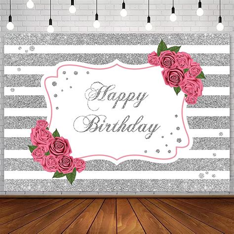 Avezano 7x5ft Silver And Pink Flowers Birthday Backdrop Glitter Silver