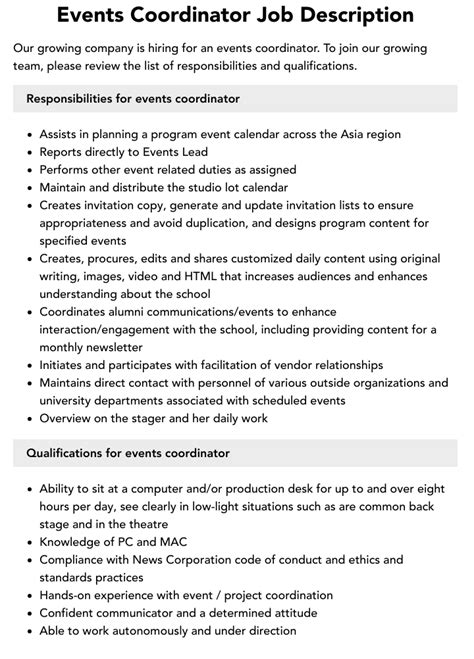 Events Coordinator Job Description Velvet Jobs