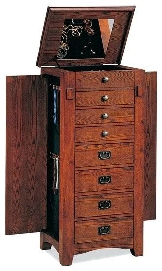 Oak Finish Wood Mission Style Jewelry Armoire Chest With Flip Up Mirror