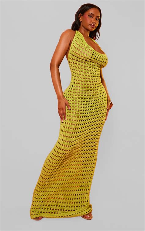 Shape Lime Crochet Halterneck Open Back Maxi Dress Shape Prettylittlething Usa