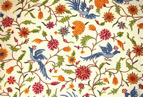 Cotton Crewel Embroidered Fabric Birds Cream Multicolor Brd333 Best