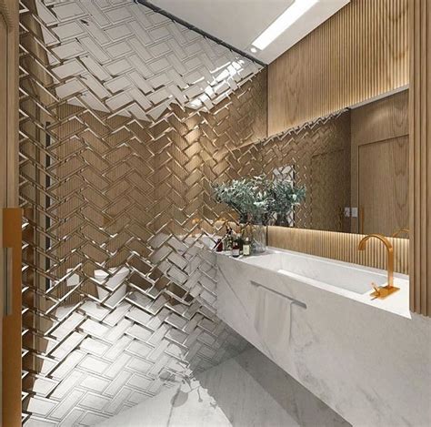 These Mirrored Tiles Create A Cascading Effect Mirror Tiles Bathroom