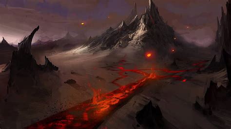 Hd Wallpaper Volcano With Lava Painting Mountains Fantasy Art Dark