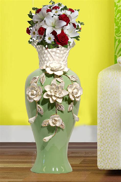 Tall Green Ceramic Flower Vase With Handmade Porcelain White Flowers