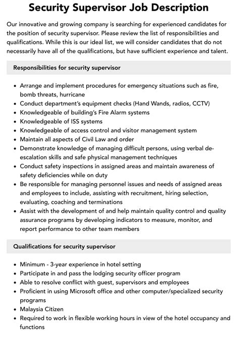 Security Supervisor Job Description Velvet Jobs