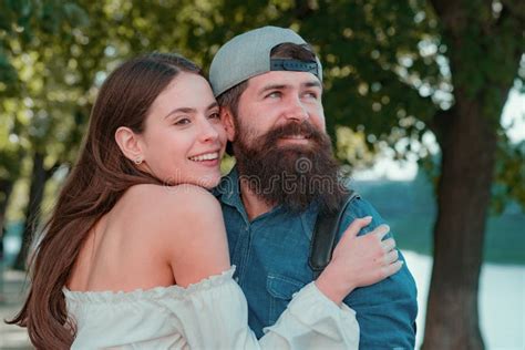 Lovely Couple Outdoor Looks Each Other Summer Walk In Park Love And