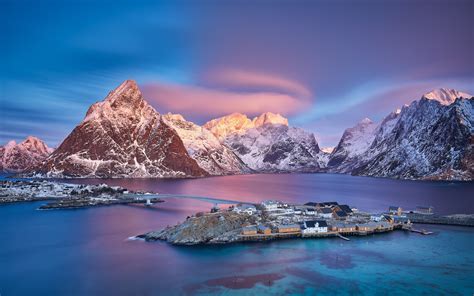 Fonds Décran Norvège îles Lofoten Village Mer Montagnes Neige