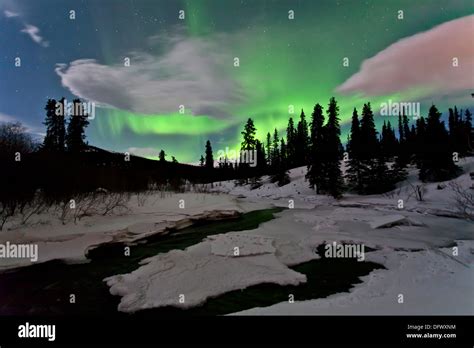 Aurora Borealis Over Creek Yukon Canada Stock Photo Alamy