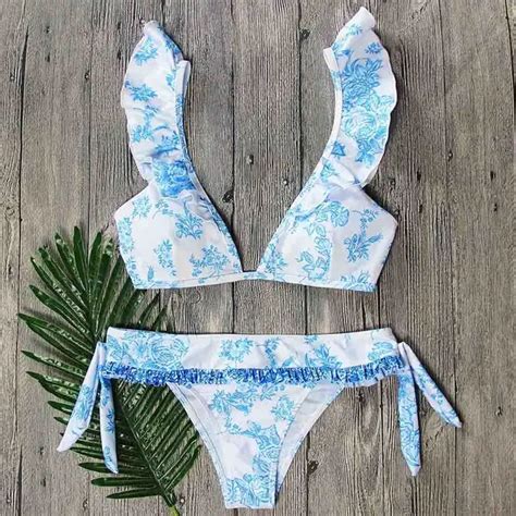 Minimalism Le Ruffle Bikinis Bandage Leaf Bikini Set Print Swimsuit