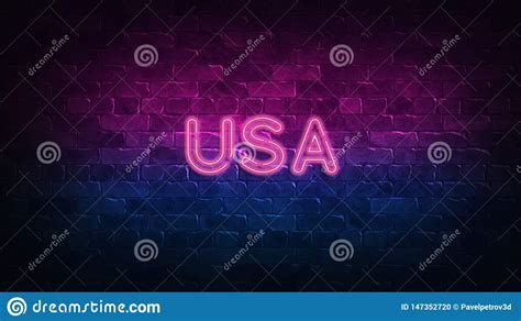 Usa Neon Sign Purple And Blue Glow Neon Text Brick Wall Lit By Neon Lamps Night Lighting On