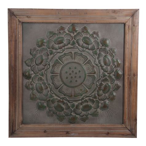 Wood And Metal Wall Decor With Embossed Floral Design Gray And Brown