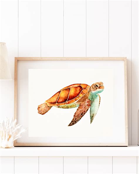Green Sea Turtle Watercolor Art Print Coastal Home Bedroom Decor