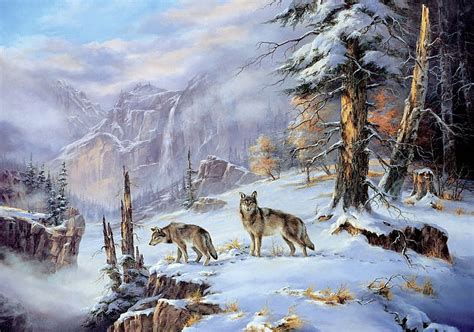 Wolfpack Forest Snow Painting Nature Wolves Trees Winter