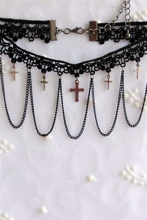 Gothic Collar Statement Black Lace Choker With Crosses Cross Etsy