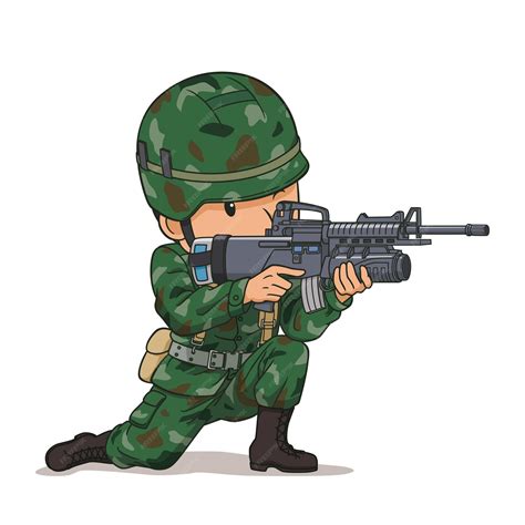 Мультипликационный персонаж солдата указывающего на пистолет Премиум