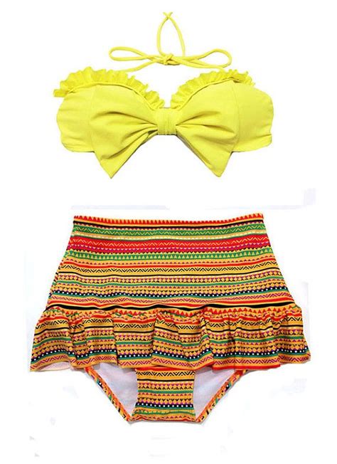 Yellow Bow Top And Tribla Aztec High Waisted Waist Skirt Bottom
