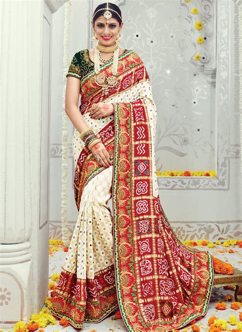 Splendid Cream And Red Banarasi Silk Wedding Saree