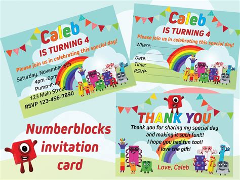 Numberblocks Birthday Party Supplies Invitation Cards Thank Etsy