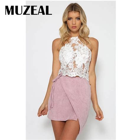 Muzeal Sexy Backless Lace Crop Top Shirt Hollow Out Transparent Halter