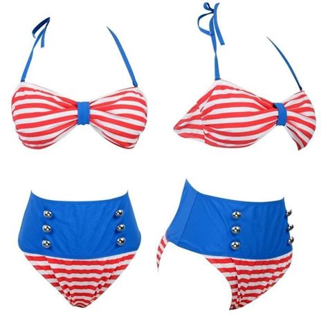 Red And White Stripe Pinup Blue Bikini Sailor Swim Suit Retro 1950s 50s