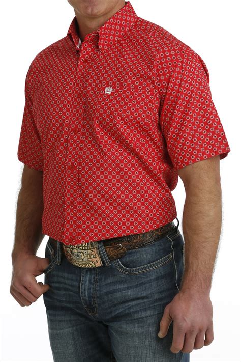 cinch jeans men s medallion print button down short sleeve western shirt red white