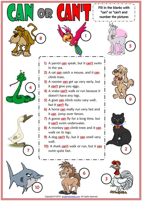 Can Or Cant Esl Worksheet With Animals Vocabulary For Kids