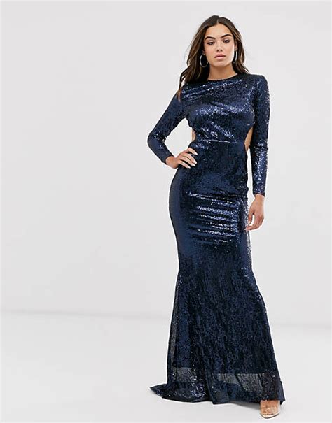 Club L London Open Back Plisse Sequin Fishtail Maxi Dress Asos