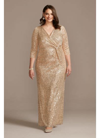Sequin 34 Sleeve Wrap Front Plus Size Dress Davids Bridal Gold