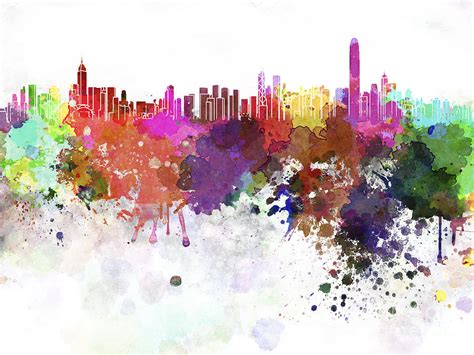 Hong Kong skyline in watercolor on white background ...