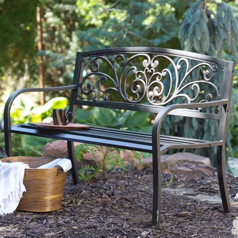 Curved Metal Garden Bench With Heart Pattern In Black Antique Bronze Finish Metal Garden