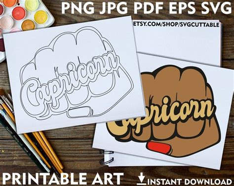 Capricorn Printable Adult Coloring Page Fist Png Zodiac Etsy