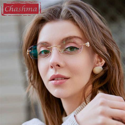 chashma brand eyeglasses diamond trimmed rimless glasses titanium fashionable… glasses women