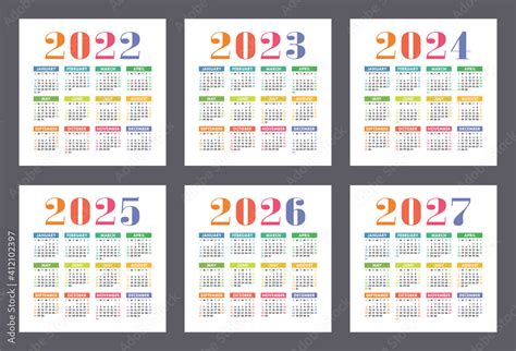 Calendar 2022 2023 2024 2025 2026 And 2027 Years English Colorful