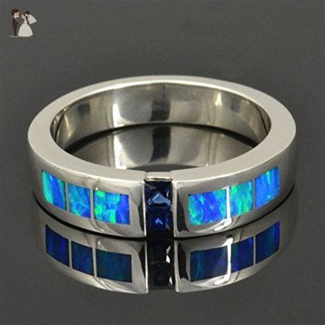 Lab Created Opal Wedding Ring With Blue Sapphires Set In Sterling